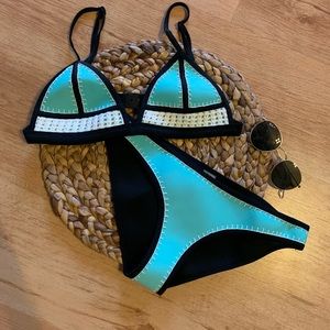 Turquoise & Black Neoprene Swimsuit Set